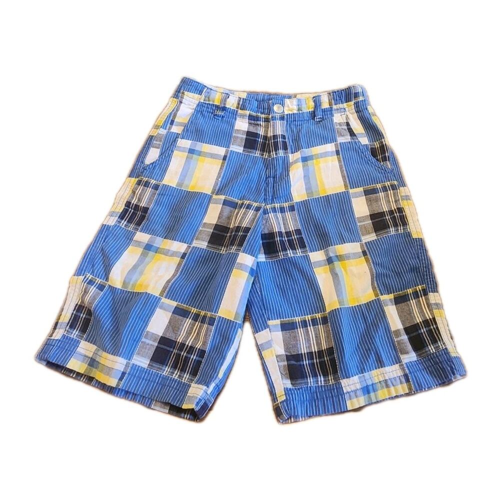 Izod Boys Patch Plaid Bermuda Shorts Blue Adjustable Waist Size 7 Preppy Beachy